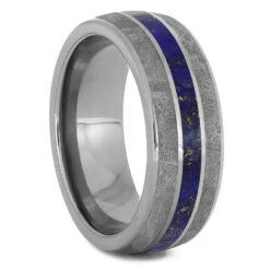 Meteorite & Lapis Lazuli Men's Wedding Band, Blue Ring For Groom -Johan Jewelry Shop 3864new