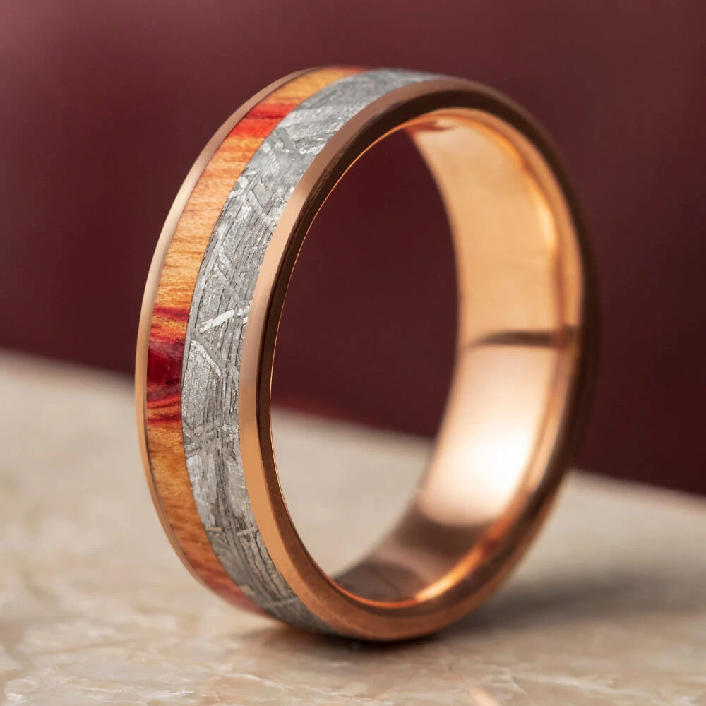 Meteorite & Exotic Wood Men's Wedding Band, Tulipwood Ring 3 Meteorite & Exotic Wood Men's Wedding Band, Tulipwood Ring