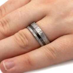 Black Ceramic & Meteorite Men's Wedding Band -Johan Jewelry Shop 3934 Handshot
