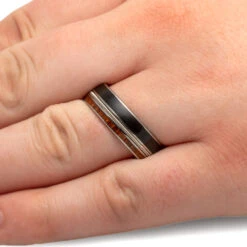 Guitar String Ring With Vinyl LP Record, Palm Wood Wedding Band -Johan Jewelry Shop 3961 Handshot