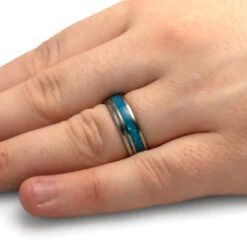 Opal Wedding Band, White Mokume Ring In Matte Titanium -Johan Jewelry Shop 4010Handshot