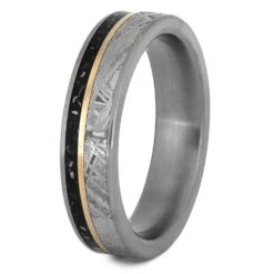 Thin Meteorite Wedding Band With Gold Pinstripe -Johan Jewelry Shop 4045 2E