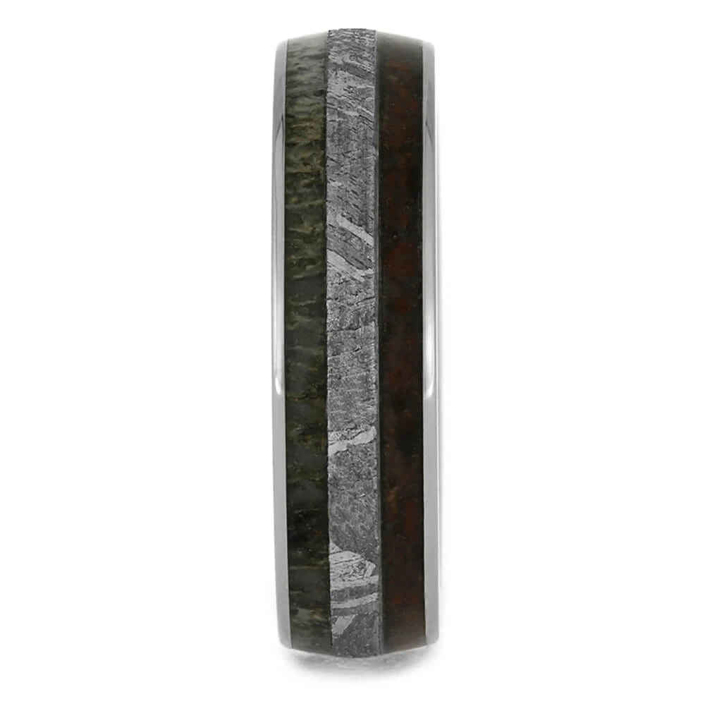 Meteorite And Dinosaur Bone Wedding Band With Whiskey Wood Sleeve 5 Meteorite And Dinosaur Bone Wedding Band With Whiskey Wood Sleeve - Image 3