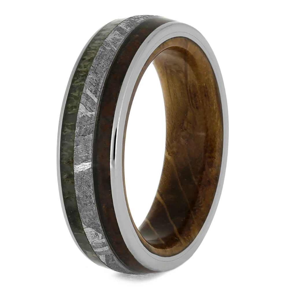 Meteorite And Dinosaur Bone Wedding Band With Whiskey Wood Sleeve 6 Meteorite And Dinosaur Bone Wedding Band With Whiskey Wood Sleeve - Image 4