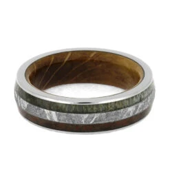 Meteorite And Dinosaur Bone Wedding Band With Whiskey Wood Sleeve 13 Meteorite And Dinosaur Bone Wedding Band With Whiskey Wood Sleeve -Johan Jewelry Shop 4048 3 E