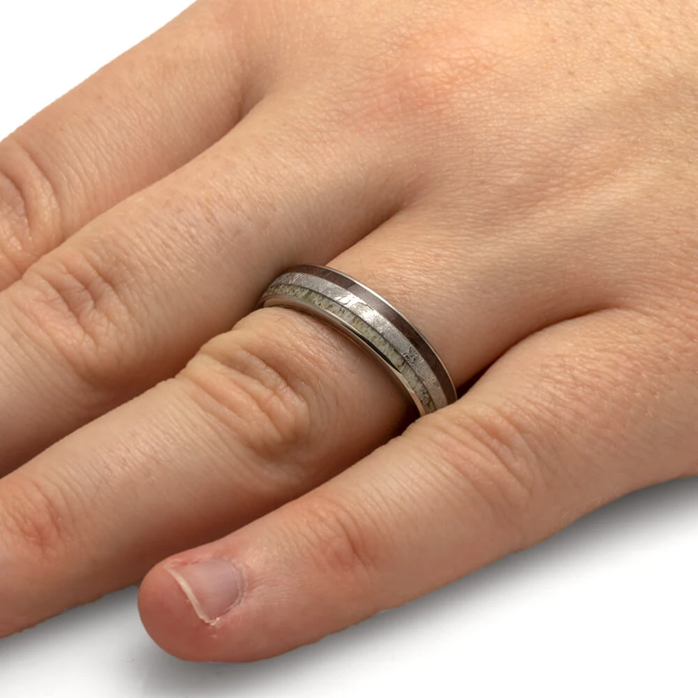 Meteorite And Dinosaur Bone Wedding Band With Whiskey Wood Sleeve 8 Meteorite And Dinosaur Bone Wedding Band With Whiskey Wood Sleeve - Image 6