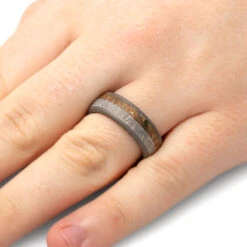 Men's Meteorite Wedding Band With Dinosaur Bone And Wood Sleeve -Johan Jewelry Shop 4063 Handshot