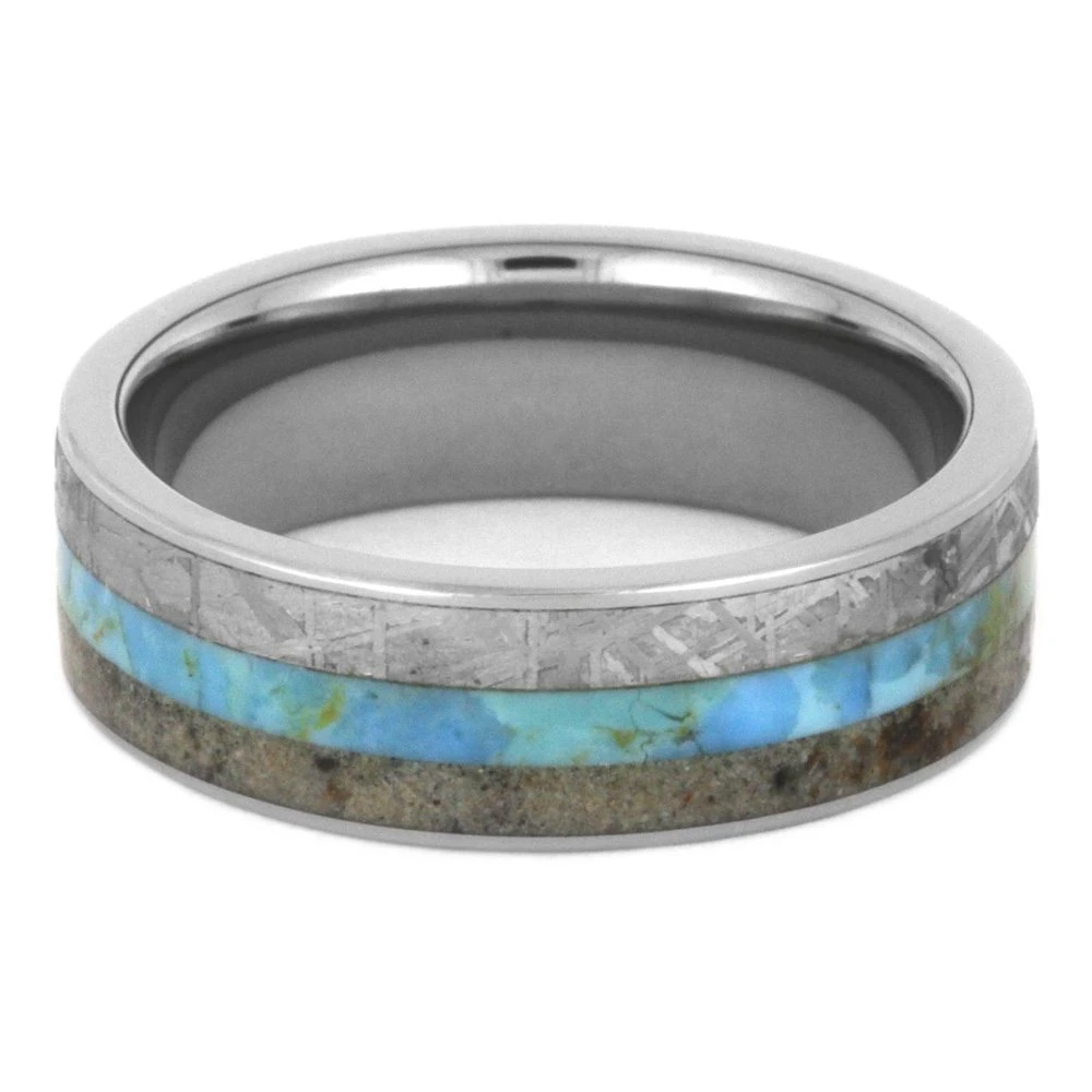 Turquoise, Meteorite & Dinosaur Bone Men's Wedding Band 7 Turquoise, Meteorite & Dinosaur Bone Men's Wedding Band - Image 5