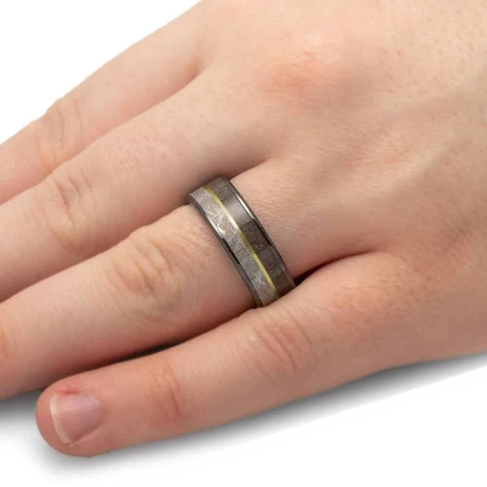 Black Ring With Meteorite, Fossil, And Yellow Gold Pinstripe 8 Black Ring With Meteorite, Fossil, And Yellow Gold Pinstripe - Image 6