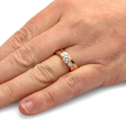 Meteorite Bridal Set, Three Stone Moissanite Ring & Matching Band -Johan Jewelry Shop 4079 Handshot