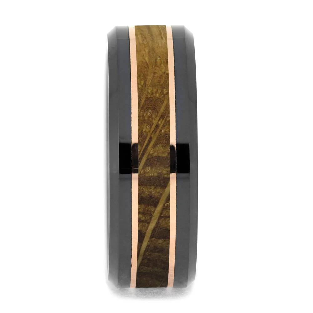 Whiskey Barrel Oak Wood & Black Ceramic Ring With Copper Pinstripes 5 Whiskey Barrel Oak Wood & Black Ceramic Ring With Copper Pinstripes - Image 3