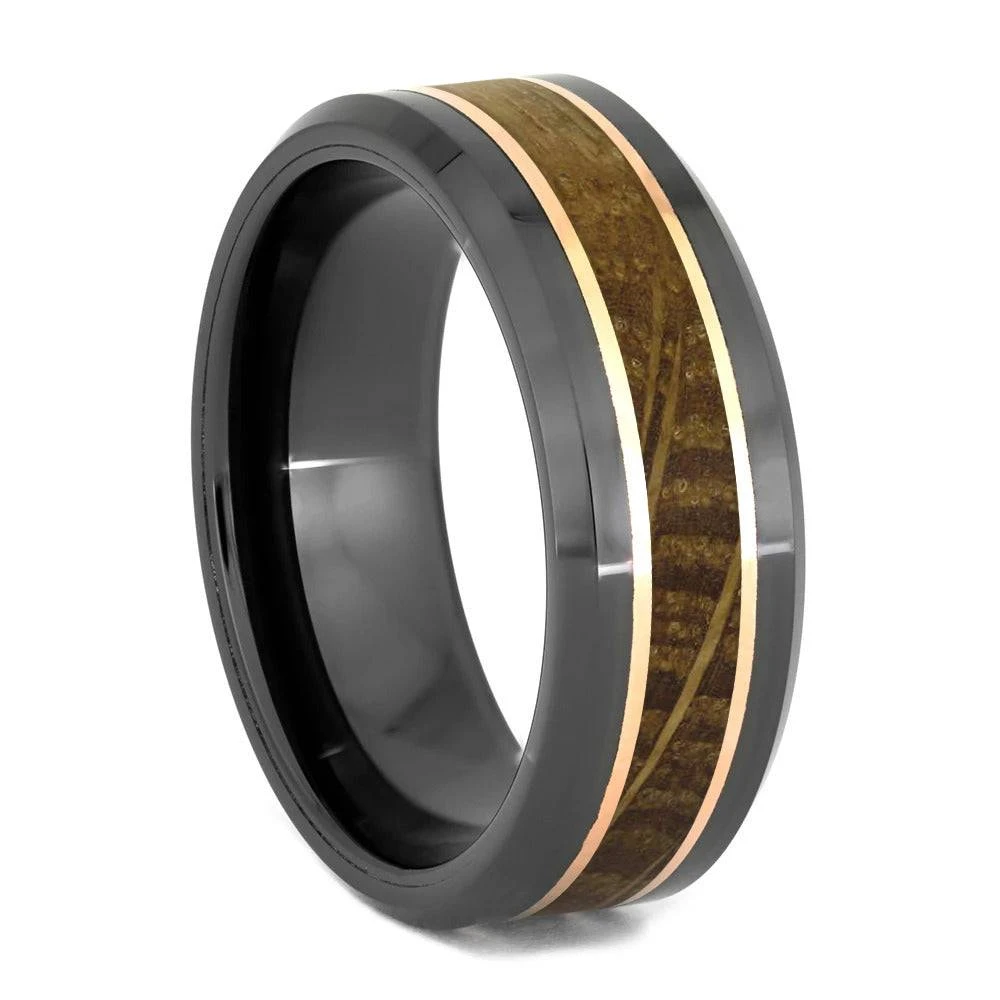 Whiskey Barrel Oak Wood & Black Ceramic Ring With Copper Pinstripes 4 Whiskey Barrel Oak Wood & Black Ceramic Ring With Copper Pinstripes - Image 2