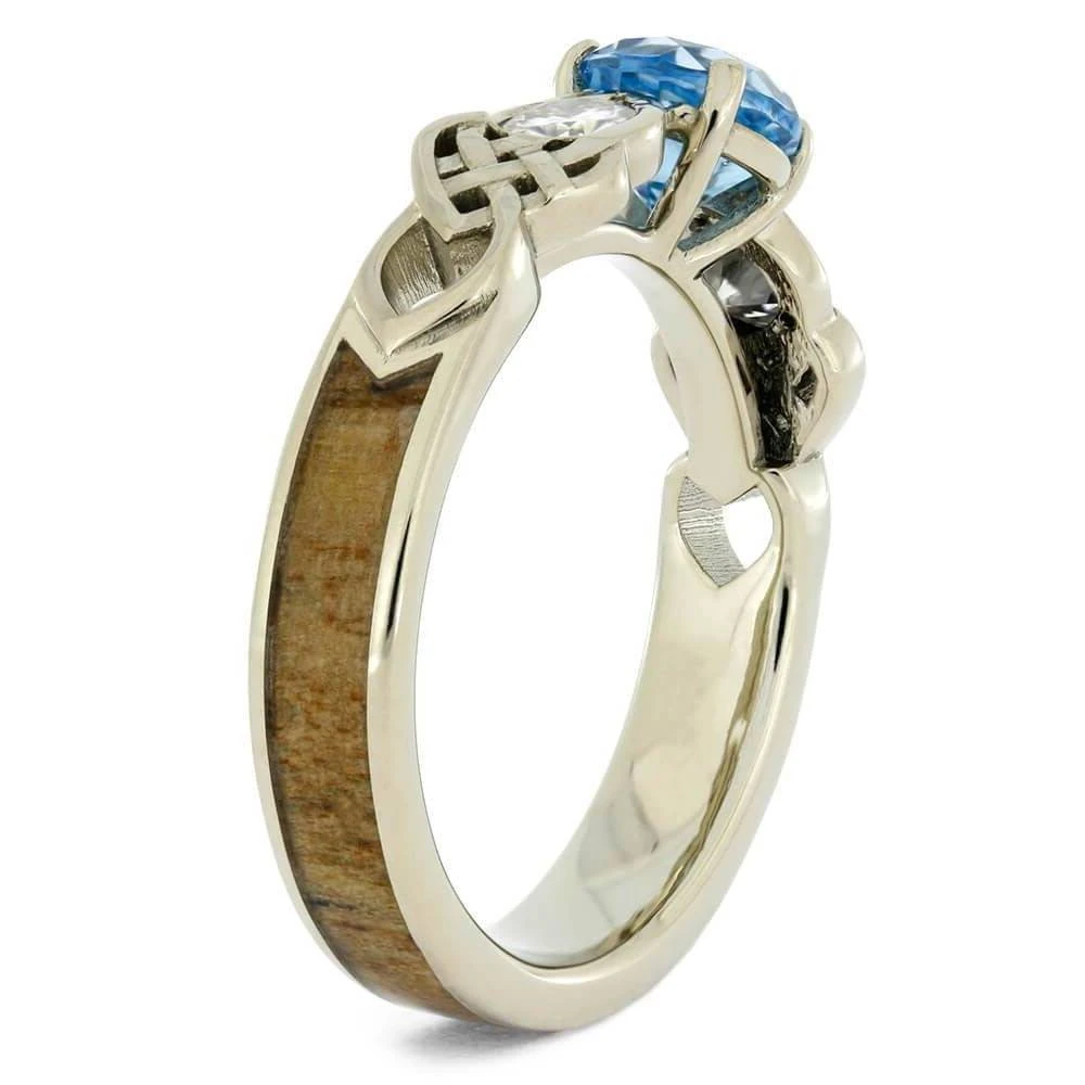 Three Stone Celtic Engagement Ring With Wood Inlay 5 Three Stone Celtic Engagement Ring With Wood Inlay - Image 3