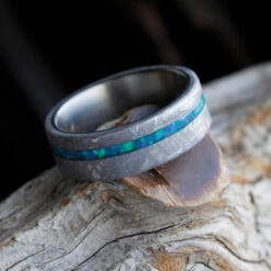 Gibeon Meteorite Wedding Band With Crushed Opal Strip, Titanium Ring -Johan Jewelry Shop 4116ac078062bb988481589bee428214