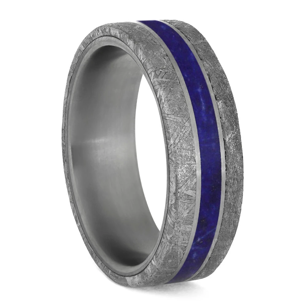 Lapis Lazuli Men's Wedding Band With Meteorite Edges 4 Lapis Lazuli Men's Wedding Band With Meteorite Edges - Image 2