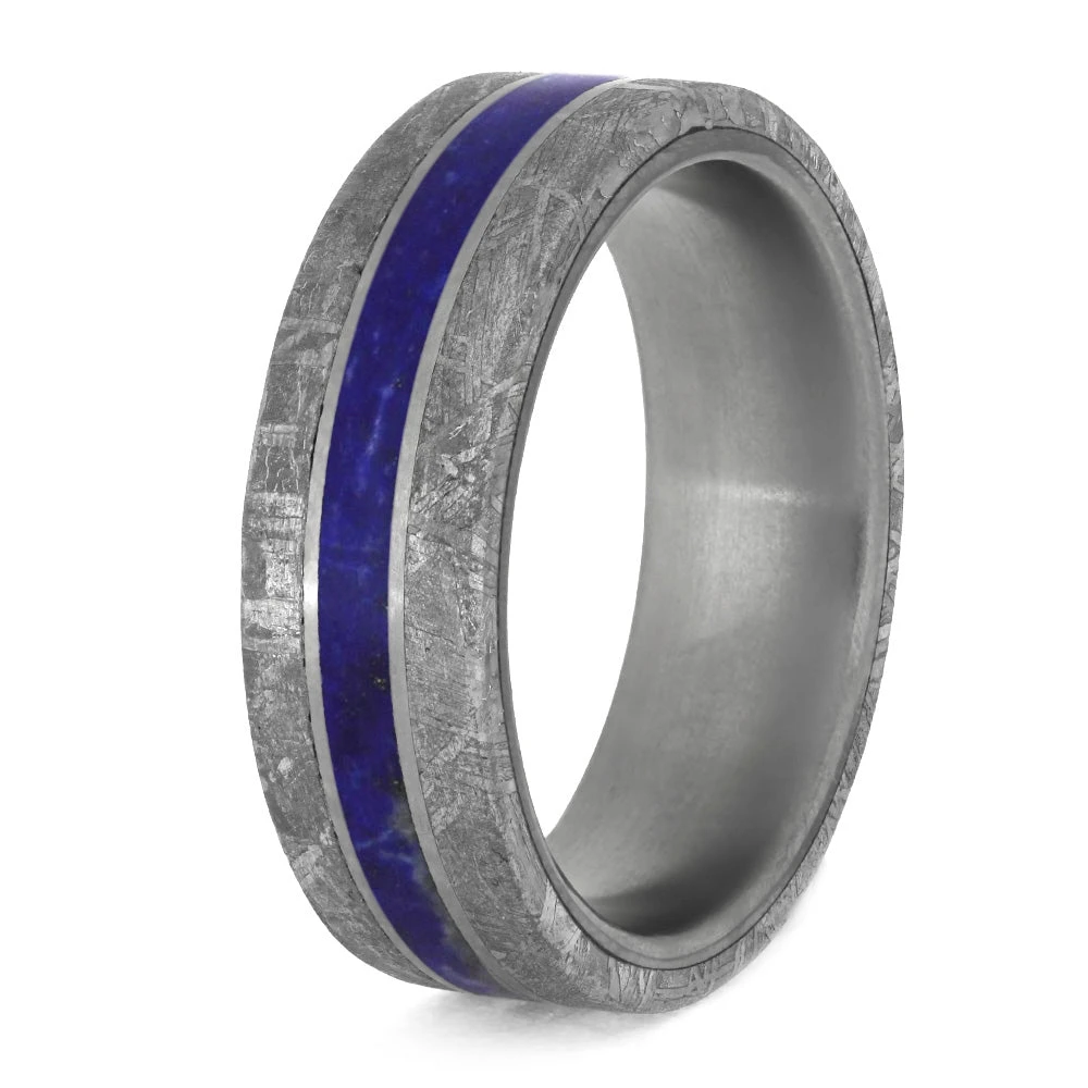 Lapis Lazuli Men's Wedding Band With Meteorite Edges 6 Lapis Lazuli Men's Wedding Band With Meteorite Edges - Image 4