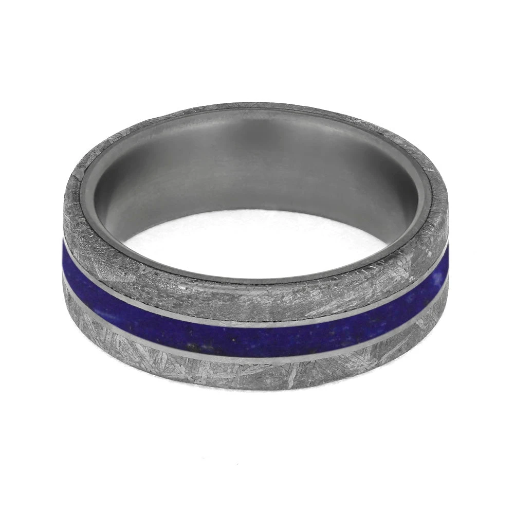 Lapis Lazuli Men's Wedding Band With Meteorite Edges 7 Lapis Lazuli Men's Wedding Band With Meteorite Edges - Image 5