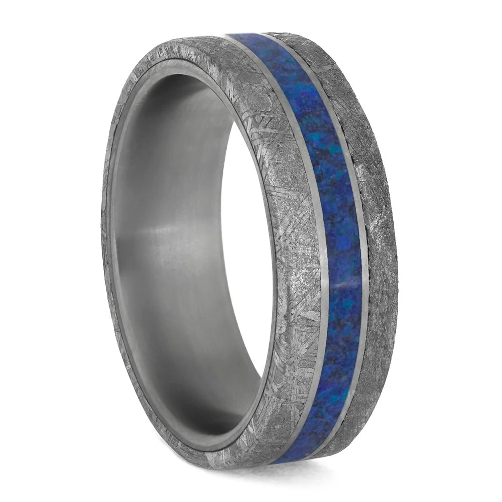Meteorite And Dark Blue Opal Men's Wedding Band In Matte Titanium 4 Meteorite And Dark Blue Opal Men's Wedding Band In Matte Titanium - Image 2