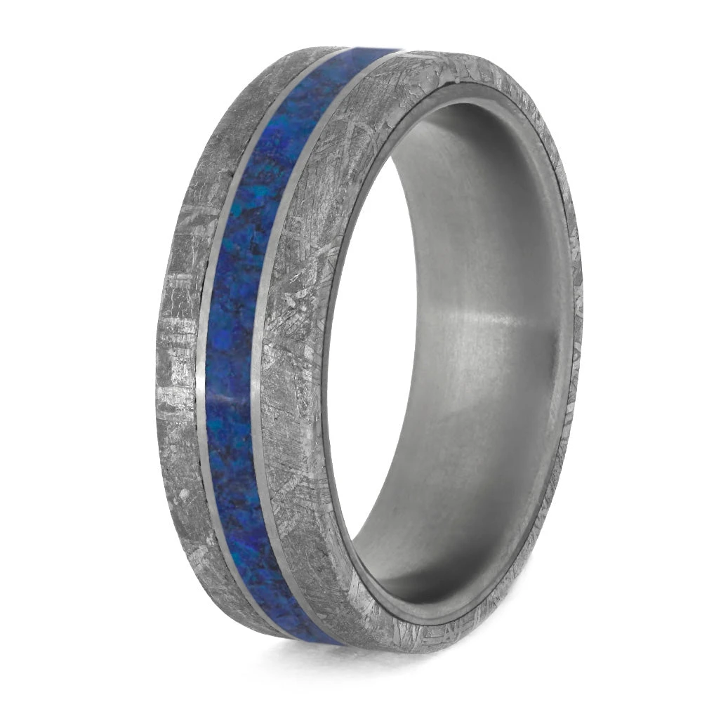 Meteorite And Dark Blue Opal Men's Wedding Band In Matte Titanium 6 Meteorite And Dark Blue Opal Men's Wedding Band In Matte Titanium - Image 4