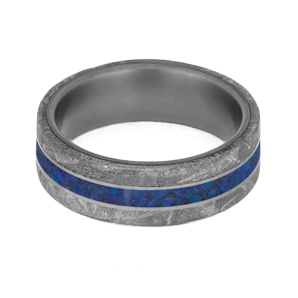 Meteorite And Dark Blue Opal Men's Wedding Band In Matte Titanium 7 Meteorite And Dark Blue Opal Men's Wedding Band In Matte Titanium - Image 5