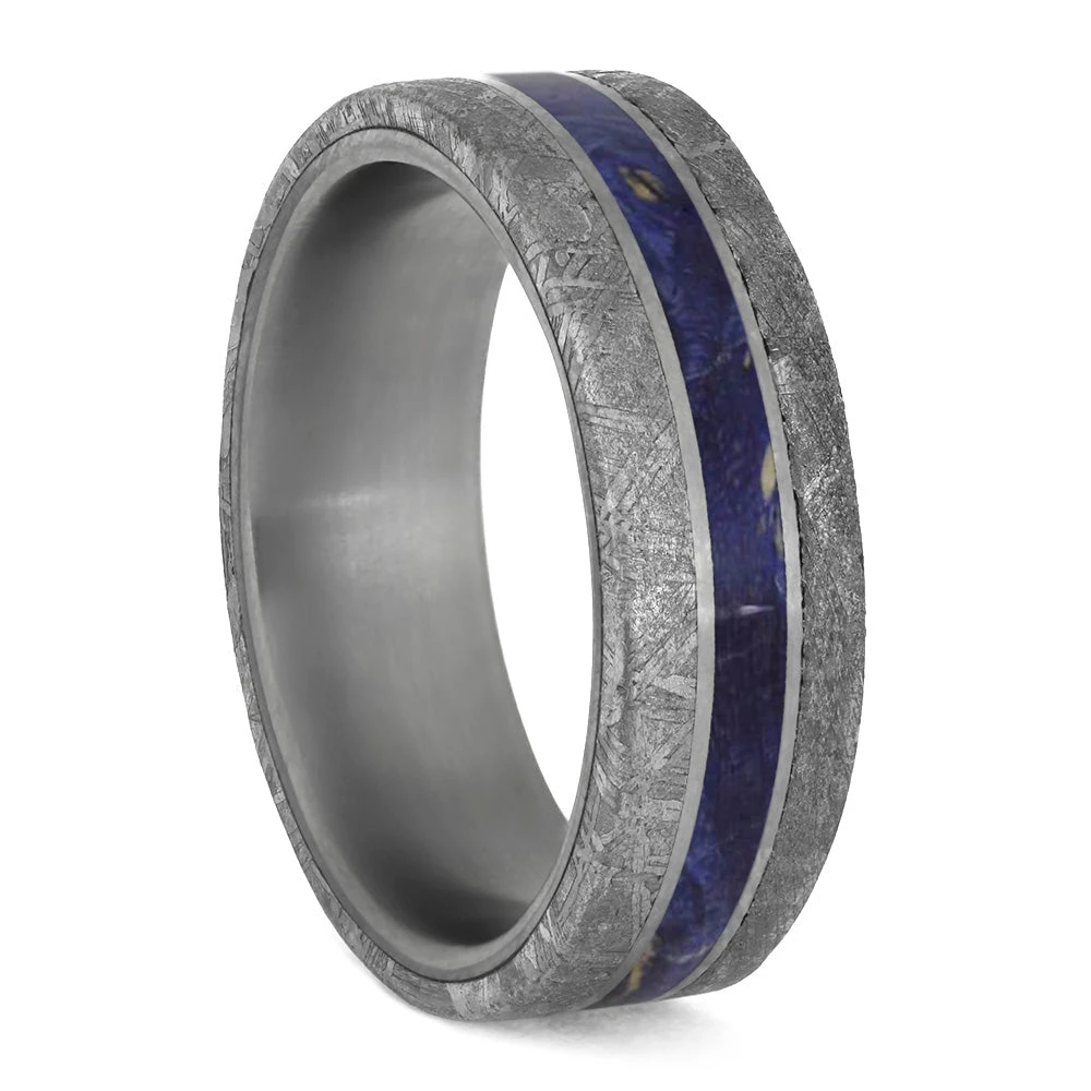 Blue Wood Ring With Meteorite Edges Separated By Titanium Pinstripes 4 Blue Wood Ring With Meteorite Edges Separated By Titanium Pinstripes - Image 2