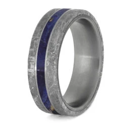 Blue Wood Ring With Meteorite Edges Separated By Titanium Pinstripes 11 Blue Wood Ring With Meteorite Edges Separated By Titanium Pinstripes -Johan Jewelry Shop 4209 Blue BEB 3