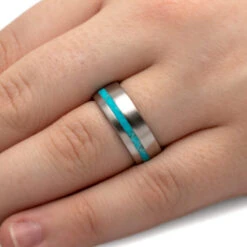 Turquoise Wedding Band With Brushed Titanium Finish 13 Turquoise Wedding Band With Brushed Titanium Finish -Johan Jewelry Shop 4223 Handshot 1