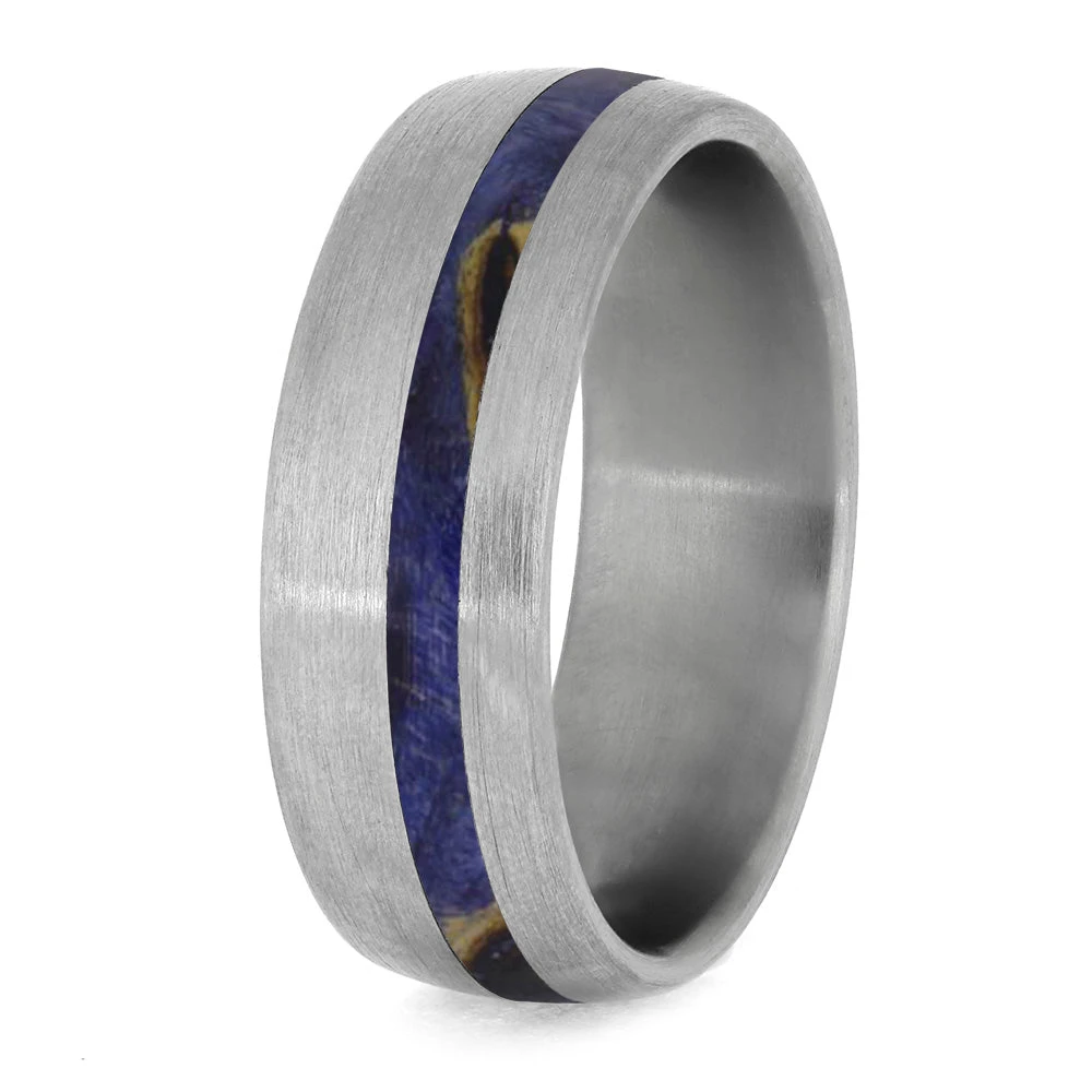 Blue Box Elder Wood Wedding Band With Brushed Titanium 6 Blue Box Elder Wood Wedding Band With Brushed Titanium - Image 4