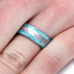 Meteorite Ring With Authentic Turquoise And Titanium Pinstripes 13 Meteorite Ring With Authentic Turquoise And Titanium Pinstripes -Johan Jewelry Shop 4238 Turquoise Hand