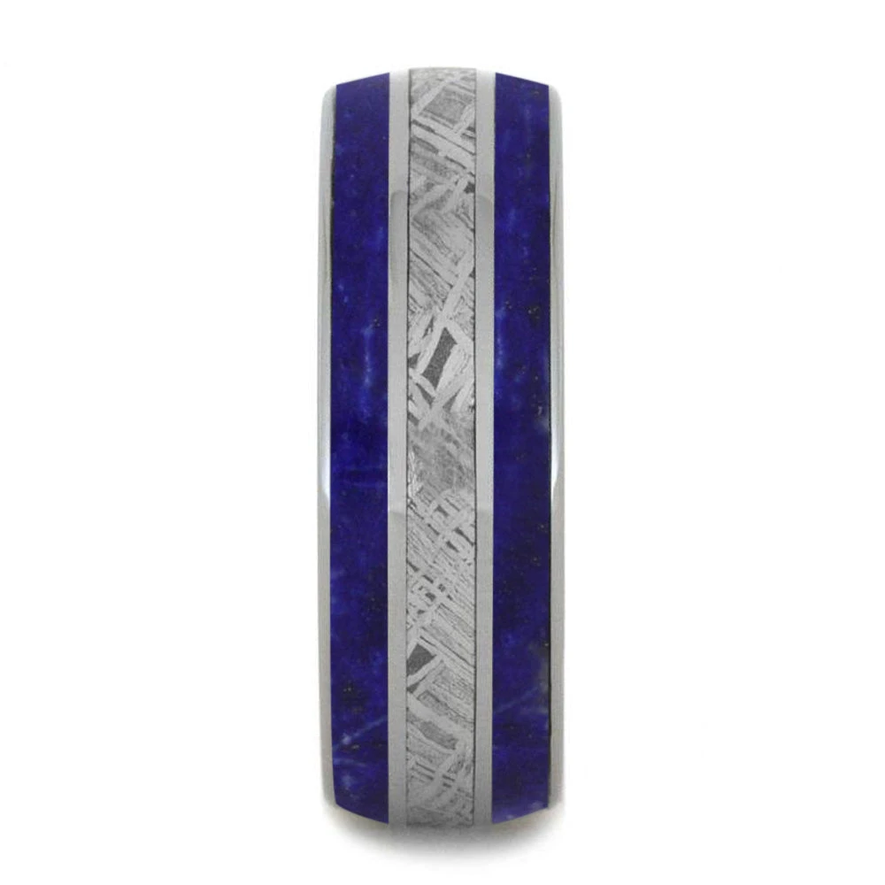 Blue Lapis Lazuli Ring With Meteorite Inlays, Titanium Men's Wedding Band 5 Blue Lapis Lazuli Ring With Meteorite Inlays, Titanium Men's Wedding Band - Image 3