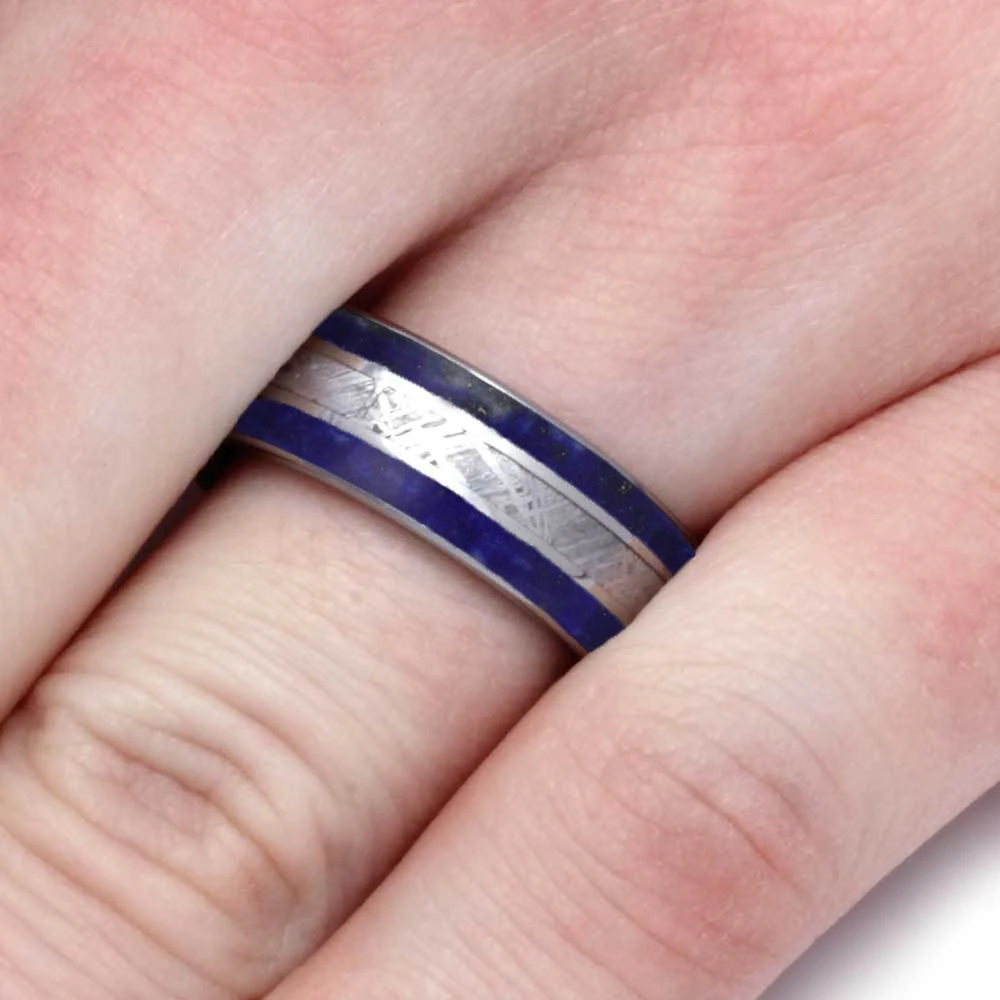 Blue Lapis Lazuli Ring With Meteorite Inlays, Titanium Men's Wedding Band 6 Blue Lapis Lazuli Ring With Meteorite Inlays, Titanium Men's Wedding Band - Image 4