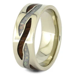 Opal & Wood Wedding Band With Twist Inlays 9 Opal & Wood Wedding Band With Twist Inlays -Johan Jewelry Shop 4289 2E