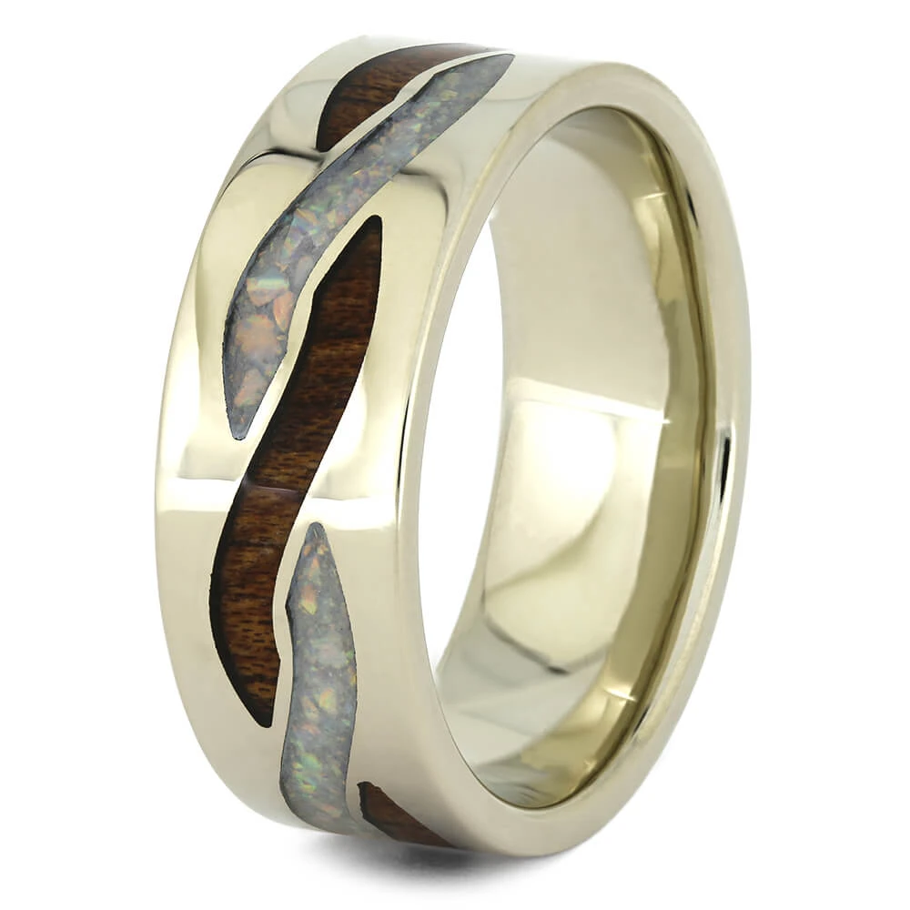 Opal & Wood Wedding Band With Twist Inlays 5 Opal & Wood Wedding Band With Twist Inlays - Image 3