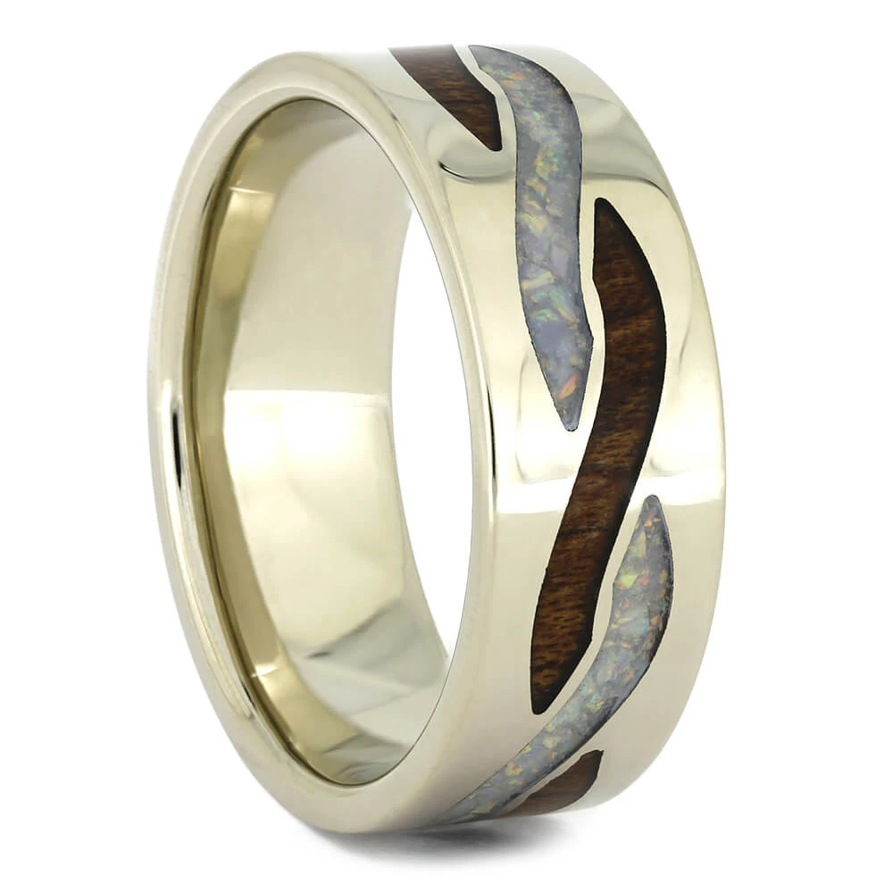 Opal & Wood Wedding Band With Twist Inlays 3 Opal & Wood Wedding Band With Twist Inlays