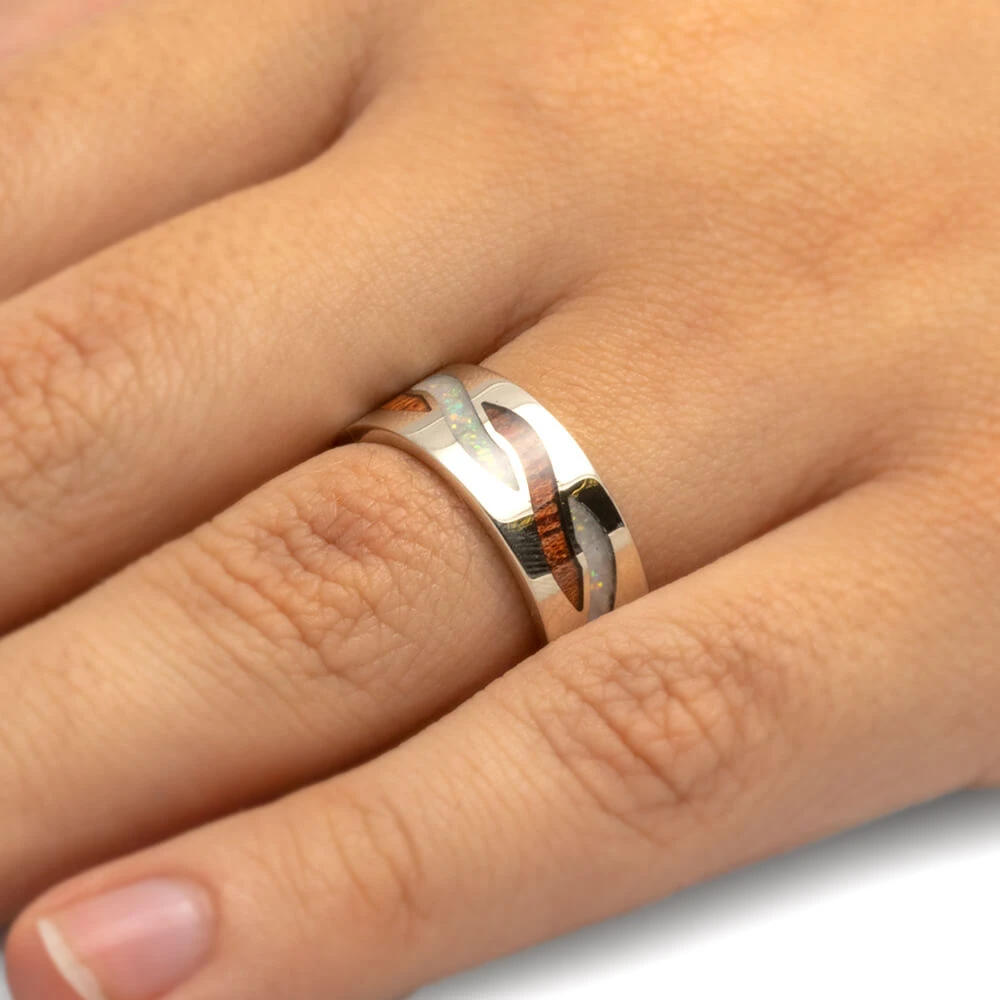 Opal & Wood Wedding Band With Twist Inlays 7 Opal & Wood Wedding Band With Twist Inlays - Image 5