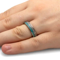 Turquoise Wedding Band With Meteorite And Ironwood Sleeve 13 Turquoise Wedding Band With Meteorite And Ironwood Sleeve -Johan Jewelry Shop 4295 Handshot