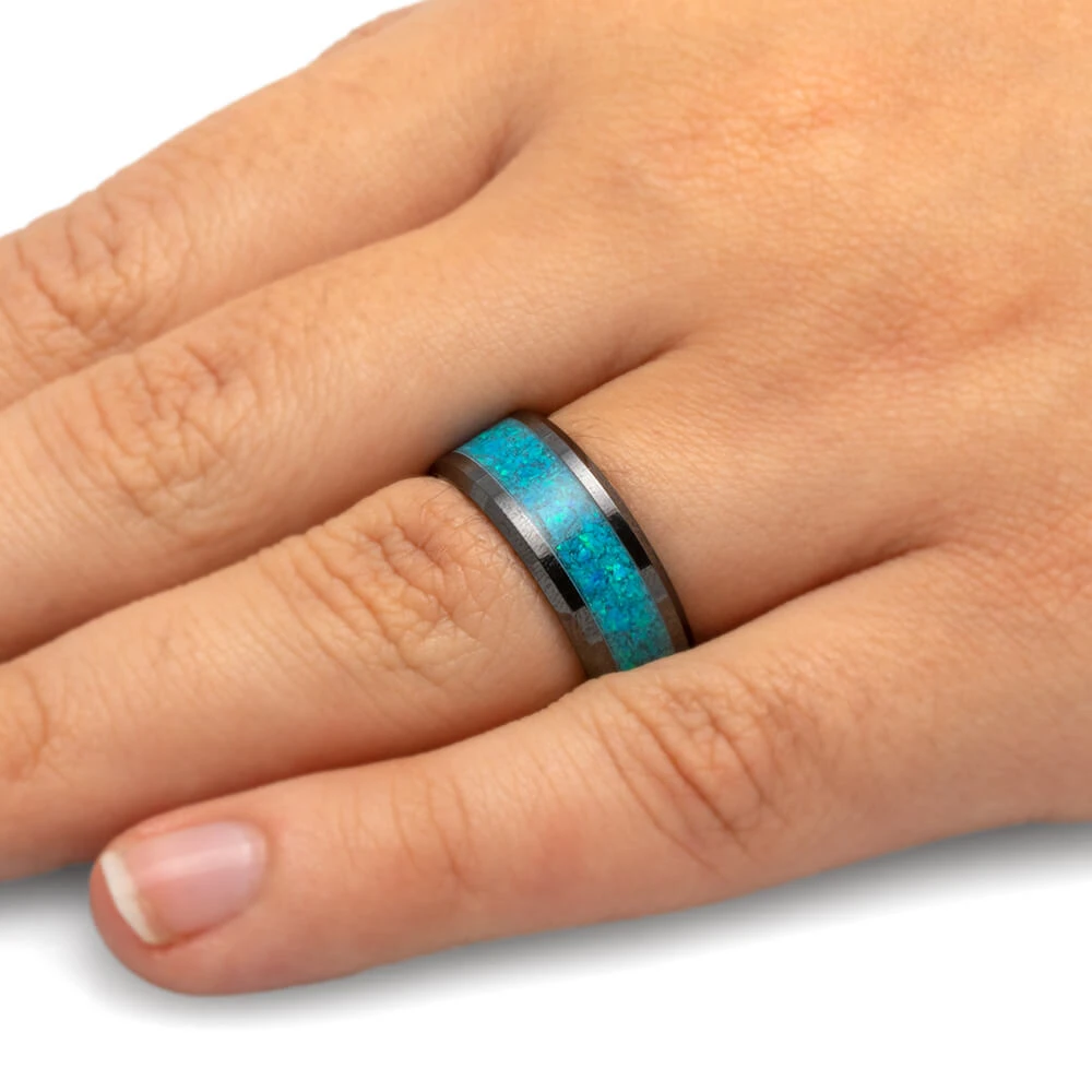 Black Ceramic & Blue Opal Men's Wedding Band 8 Black Ceramic & Blue Opal Men's Wedding Band - Image 6