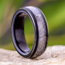 Dinosaur Bone Wedding Band With African Blackwood Sleeve