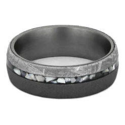 Mother Of Pearl Wedding Band With Gibeon Meteorite -Johan Jewelry Shop 4343 3 E