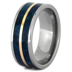 Blue Box Elder Burl Wood Wedding Band In Titanium With Copper Pinstripe -Johan Jewelry Shop 4353 2 E
