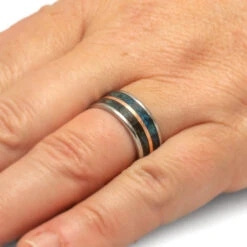 Blue Box Elder Burl Wood Wedding Band In Titanium With Copper Pinstripe -Johan Jewelry Shop 4353Handshot