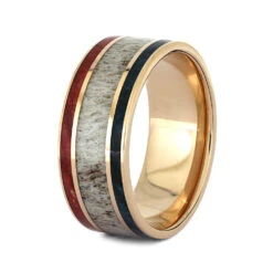 Red & Blue Box Elder Wood Wedding Band With Deer Antler -Johan Jewelry Shop 4360 2 E