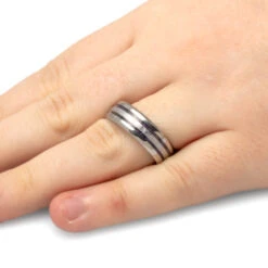 Men's Wedding Band With Gibeon Meteorite And Purple Box Elder Burl Wood -Johan Jewelry Shop 4375 Handshot