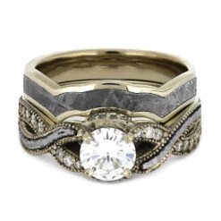 Meteorite Diamond Bridal Set With Polished Gold And Moissanite -Johan Jewelry Shop 4377 1 E