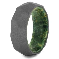 Faceted Men's Wedding Band With Green Box Elder Wood Sleeve 10 Faceted Men's Wedding Band With Green Box Elder Wood Sleeve -Johan Jewelry Shop 4410 2E