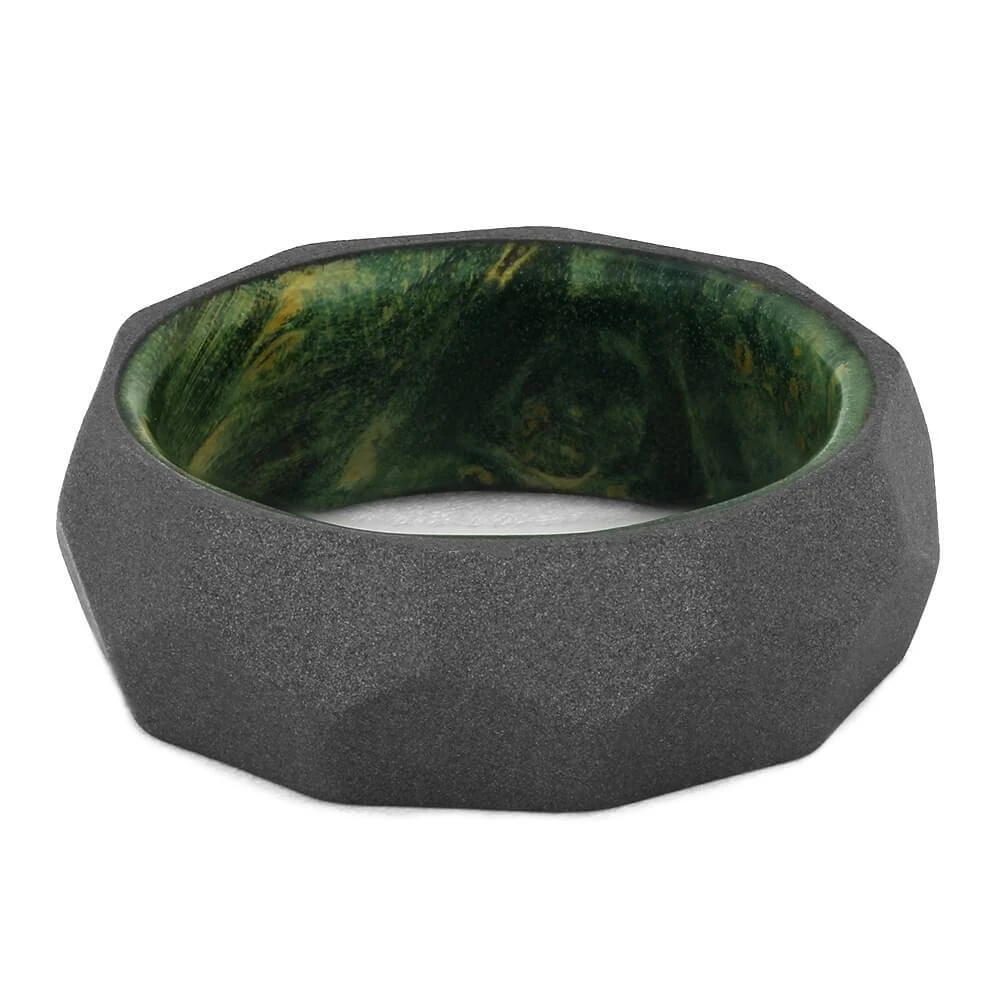 Faceted Men's Wedding Band With Green Box Elder Wood Sleeve 7 Faceted Men's Wedding Band With Green Box Elder Wood Sleeve - Image 5
