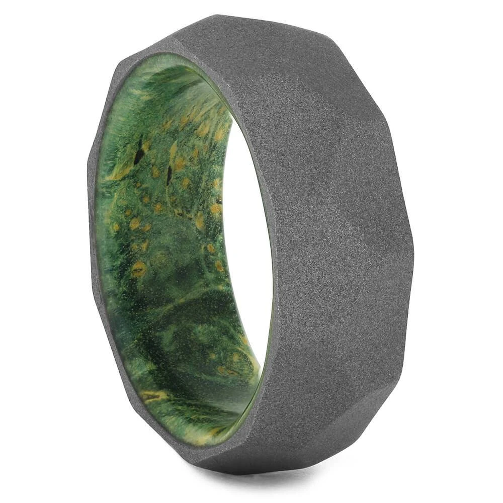 Faceted Men's Wedding Band With Green Box Elder Wood Sleeve 4 Faceted Men's Wedding Band With Green Box Elder Wood Sleeve - Image 2