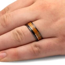 Whiskey Oak & Dinosaur Bone Men's Wedding Band -Johan Jewelry Shop 4423Handshot