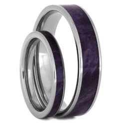 Matching Wedding Band Set With Purple Box Elder Burl Wood -Johan Jewelry Shop 4434E