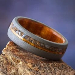 Lignum Vitae Wood Wedding Band With Crushed Dinosaur Bone -Johan Jewelry Shop 4456ArtCropped 2